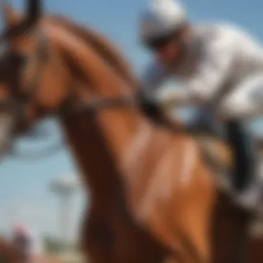 Close-up of a racehorse in training, highlighting its athleticism and condition