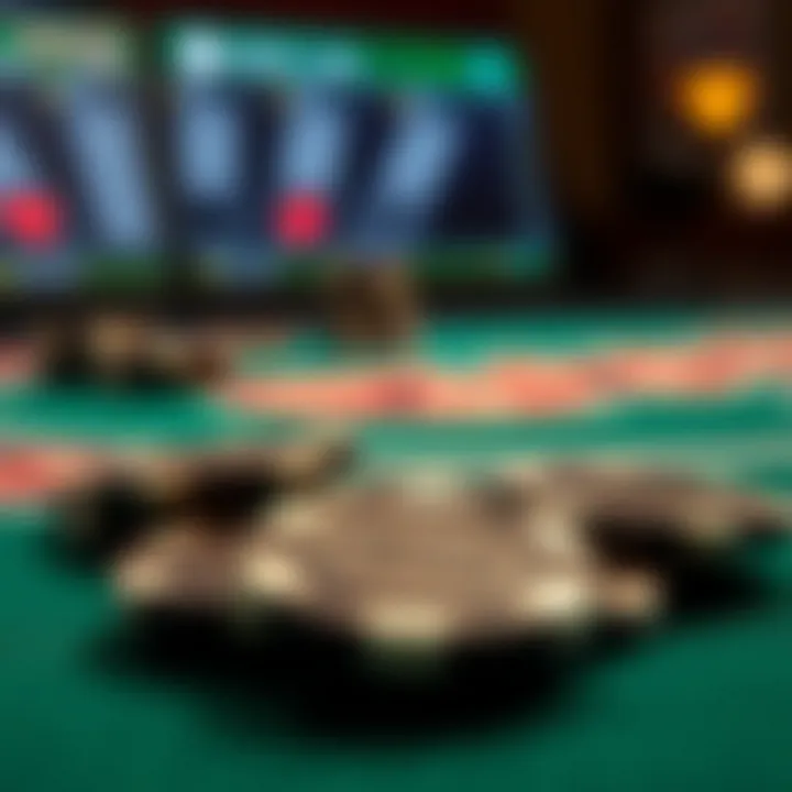 A close-up of virtual chips used in online blackjack gaming.