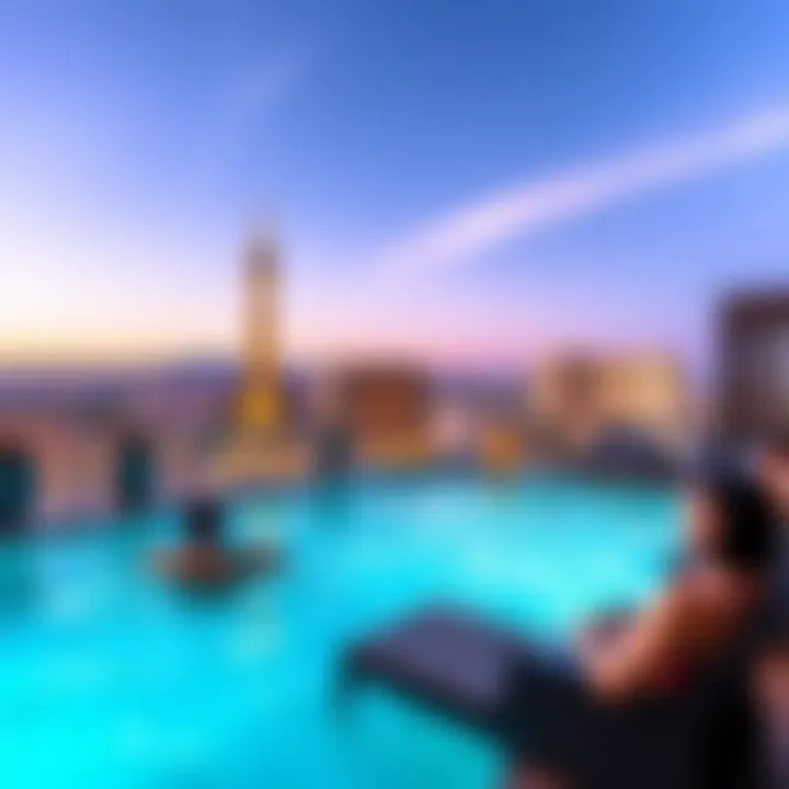 Guests enjoying the rooftop pool with a view of the Las Vegas skyline