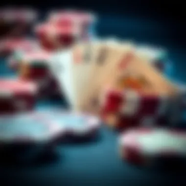 A close-up of poker chips and cards representing betting strategies.