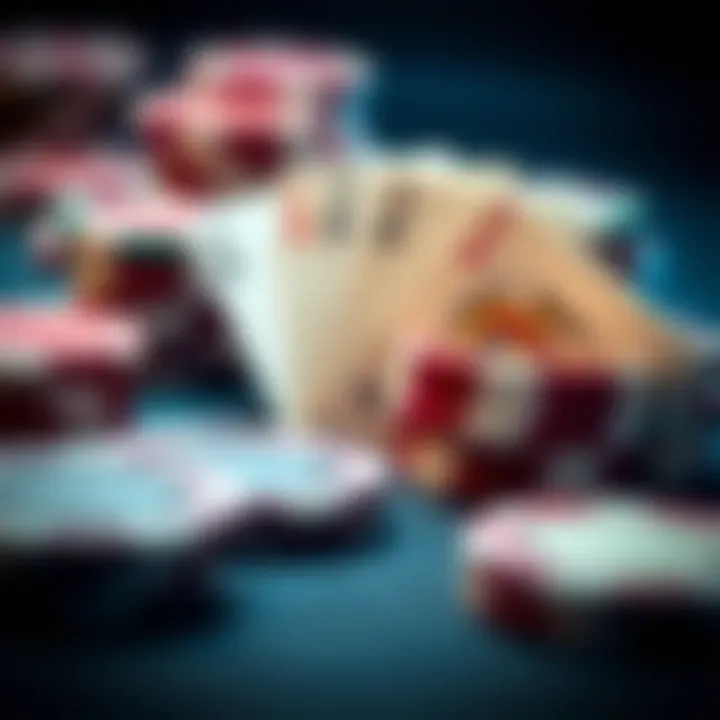 A close-up of poker chips and cards representing betting strategies.
