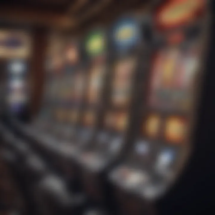 Close-up of various slot machines highlighting payout rates and features