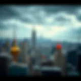 Aerial view of Manhattan skyline with casino signage