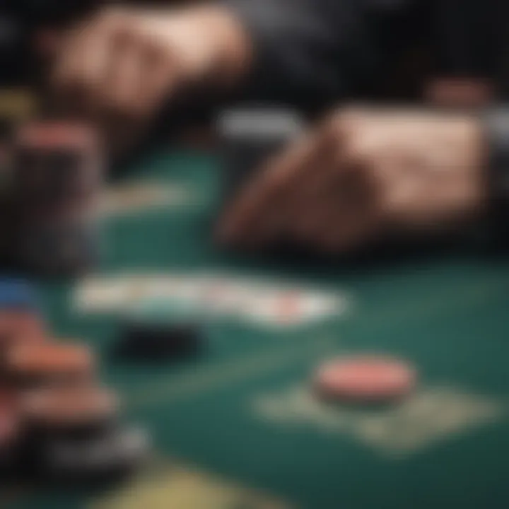 A close-up of poker chips and cards on a table