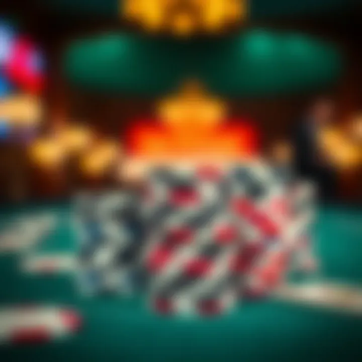 A close-up of poker chips stacked in preparation for a game.