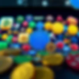 A vibrant collage showcasing various play-to-earn game icons and cryptocurrency symbols.