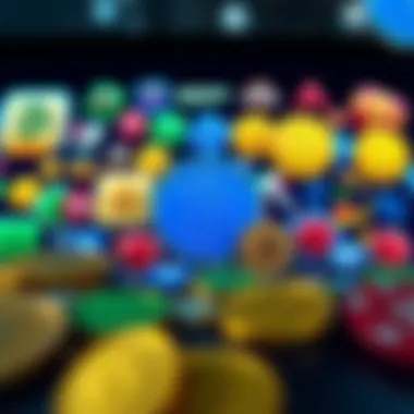 A vibrant collage showcasing various play-to-earn game icons and cryptocurrency symbols.