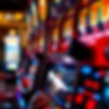 Close-up of a slot machine showcasing bright lights and intricate designs