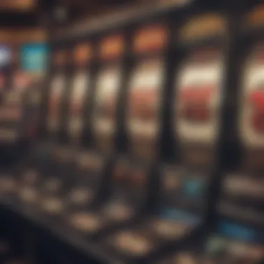 Close-up view of various slot machine designs and themes