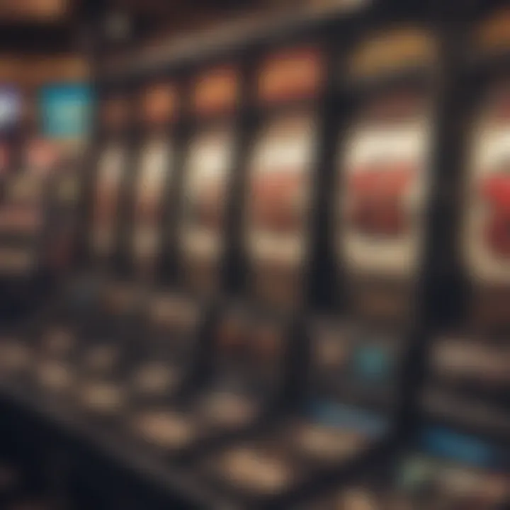 Close-up view of various slot machine designs and themes