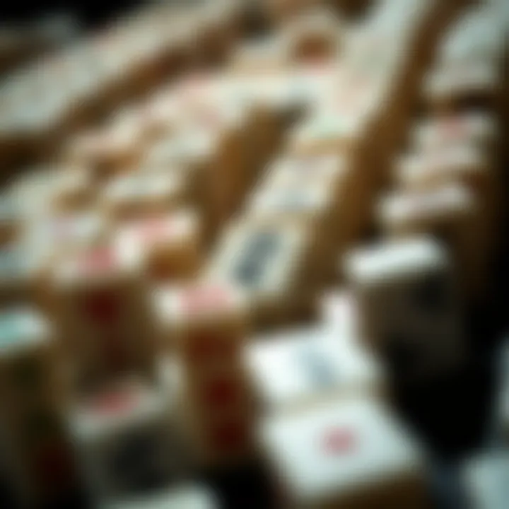 Close-up of intricate Mahjong tiles arranged for a game