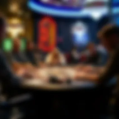 A vibrant poker table with focused players during a high-stakes game