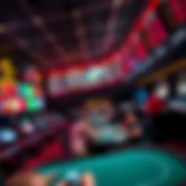 A panoramic view of a modern sportsbook environment, showcasing vibrant betting boards and enthusiastic patrons.