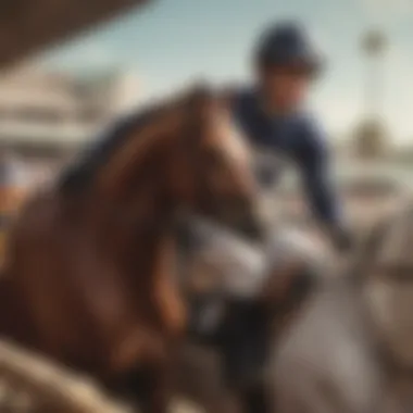 Close-up of a jockey and horse preparing for a race