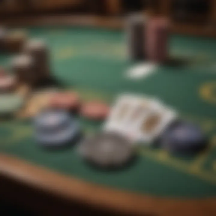 A close-up of poker chips and cards on a table