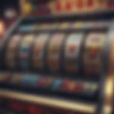 Close-up of a vibrant slot machine display showcasing various symbols and colorful graphics.