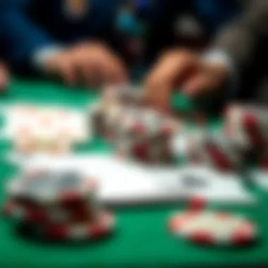 A close-up view of poker chips and cards on a table
