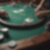 An intricate poker table setup showcasing various playing cards and chips.