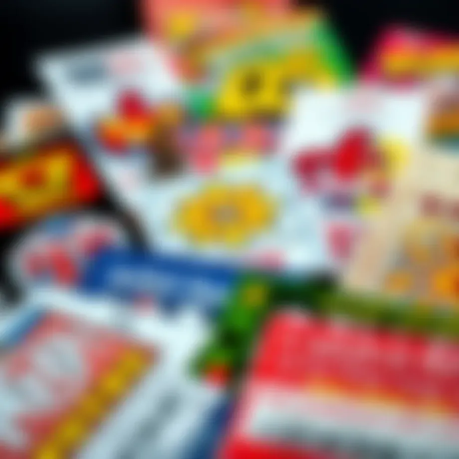 A collection of colorful scratch-off lottery tickets showcasing various designs.