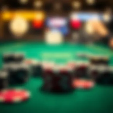 Close-up of poker chips arranged on a green felt table, symbolizing strategic betting