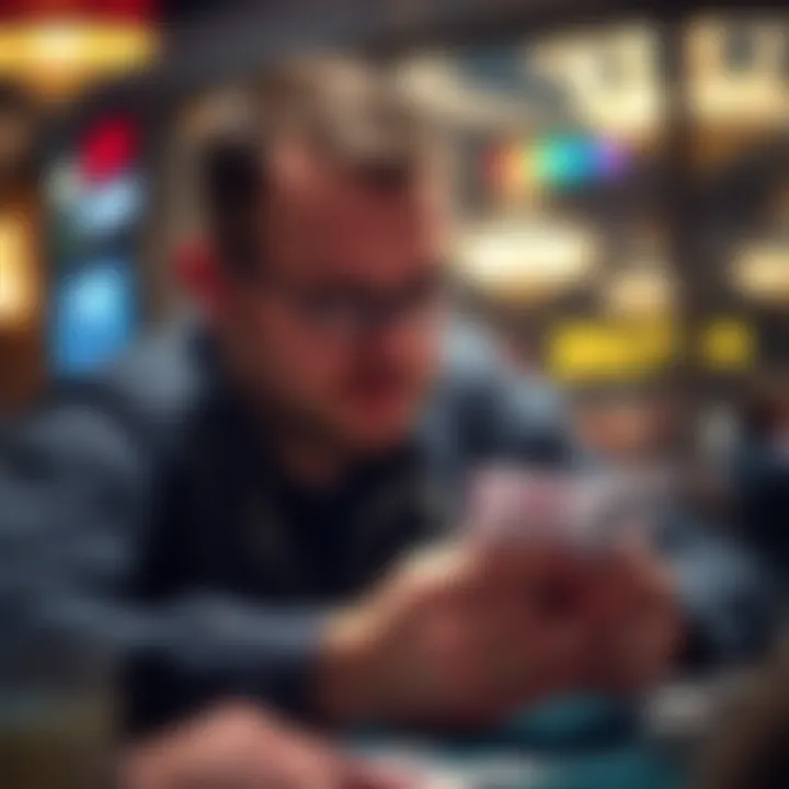 Close-up of a focused player studying their cards in a game