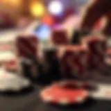 A detailed view of poker chips and cards on a table