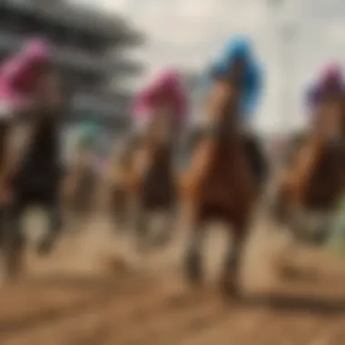 A vibrant scene of horse racing at the Kentucky Derby track.