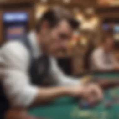 Close-up of a player engrossed in a game of chance at a bustling casino table